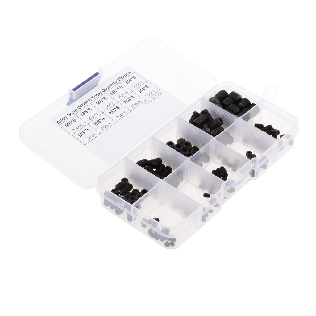 200Pcs M3 M4 M5 M6 M8 Carbon Steel Head Hex Socket Grub Screws Assorted Kit