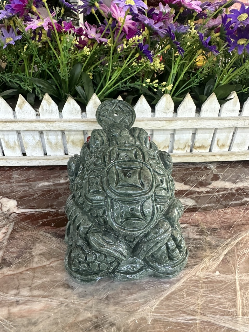 Tượng Cóc Ba Chân, Cóc Ngậm Tiền, Thiềm Thừ phong thủy chiêu tài lộc đá ngọc serpentine - Dài 15 cm