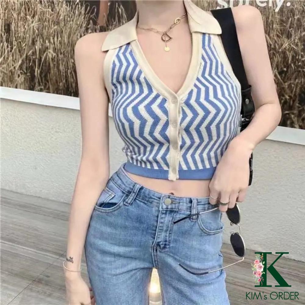 Áo sát nách nữ cổ chữ V hở lưng chất liệu len mongtoghi phong cách Hàn Quốc sang chảnh tiểu thư