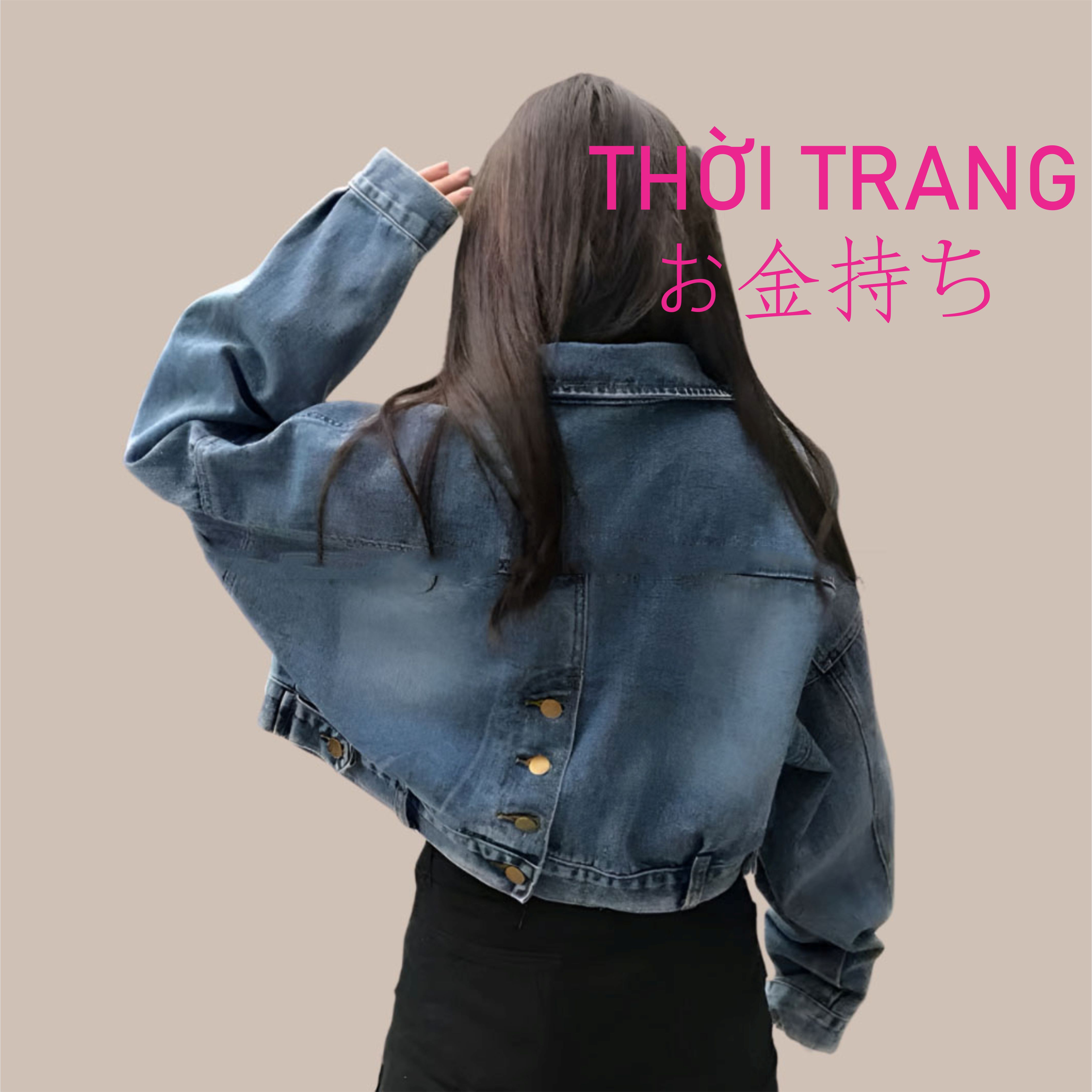 Áo khoác nữ jean おかねもち kiểu dáng trơn dài tay dáng croptop có khuy sau