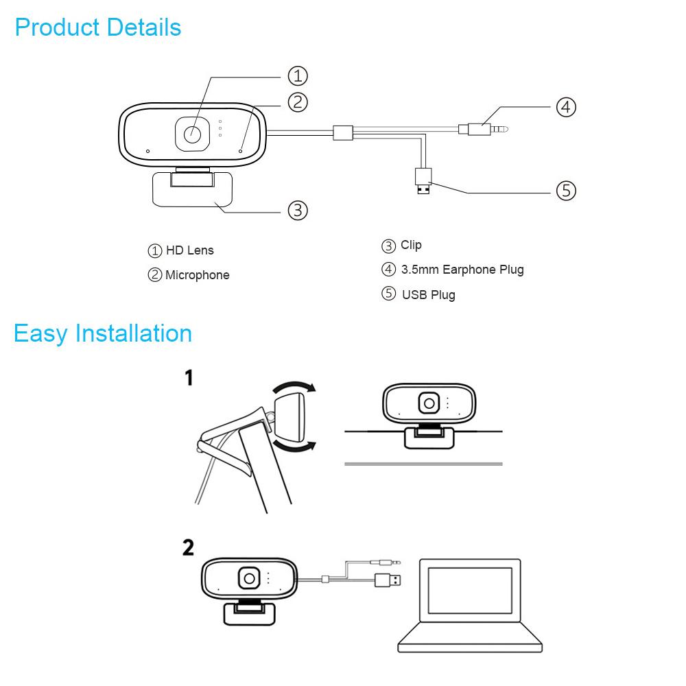 Webcam 720P HD với Micrô & Đầu cắm âm thanh 3,5 mm cho máy tính xách tay