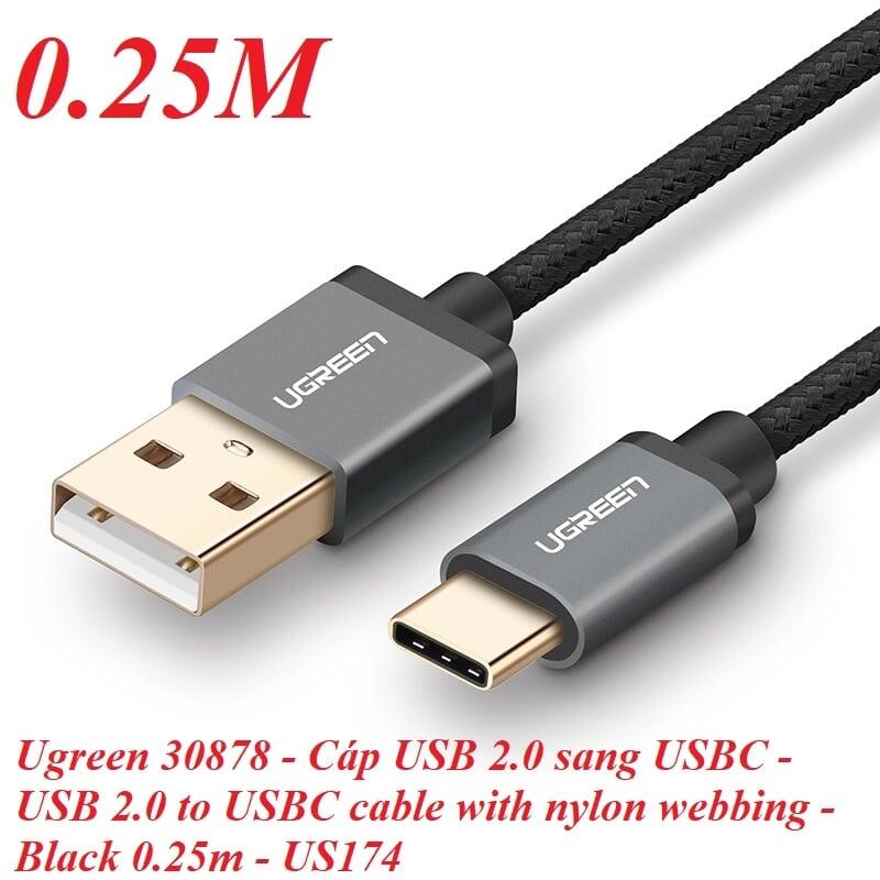 Ugreen UG30878US174TK 0.25M 3A Màu Đen Cáp USB TypeC sang USB 2.0 Hỗ trợ sạc nhanh dây bên Nylon - HÀNG CHÍNH HÃNG