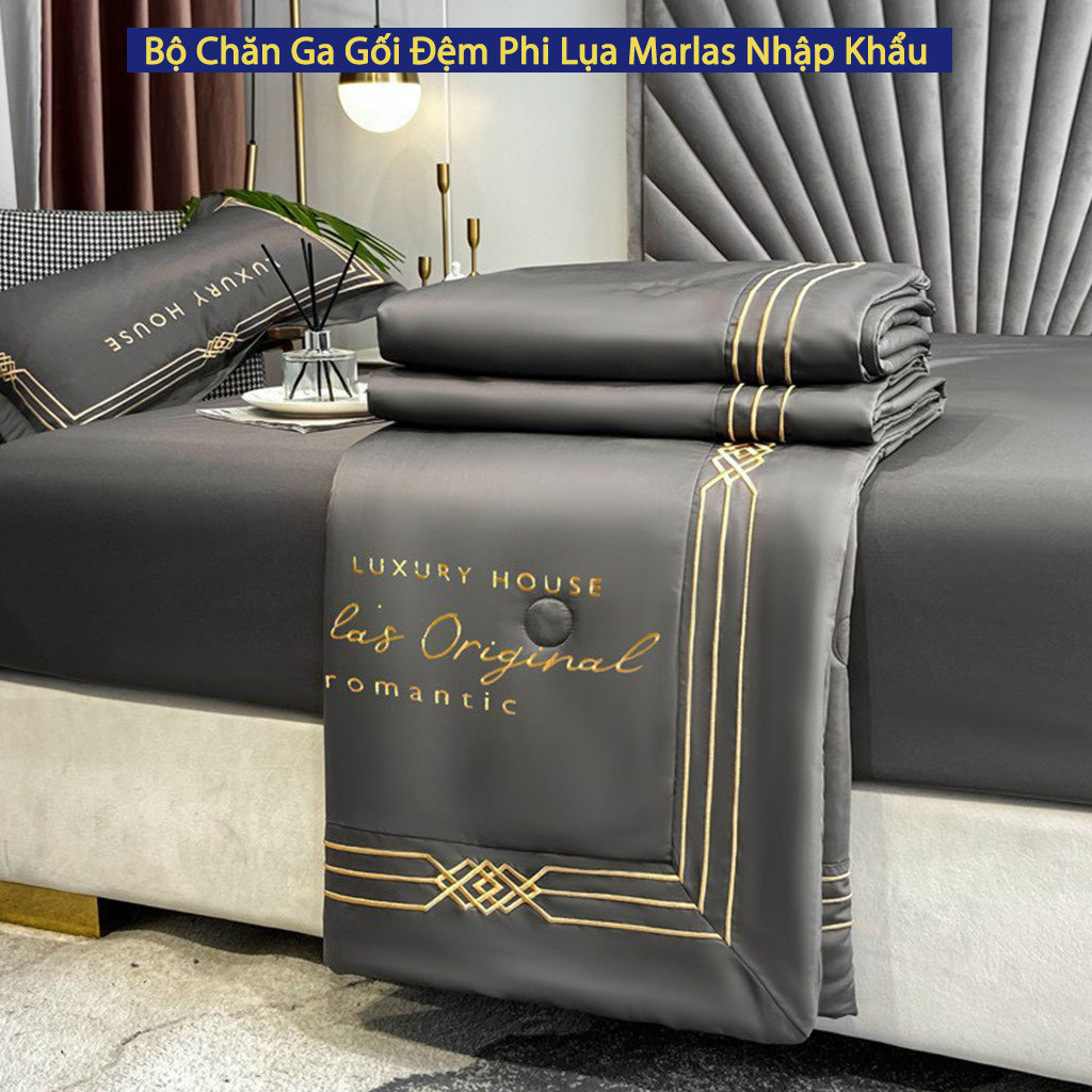 Bộ Chăn Ga Vỏ Gối Đệm Phi Lụa Nhập Khẩu Marlas Bộ Drap Giường Lụa Tencel Cao Cấp Bo Chun Drap Chăn Chần Bông