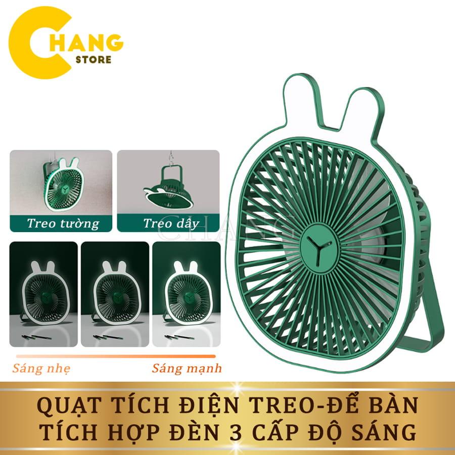 Quạt Tích Điện Tai Thỏ Treo Tường Có Đèn, Quạt Để Bàn Kiêm Đèn Ngủ 3 Cấp Độ Sáng, Điều Chỉnh Góc Gió 360 Độ