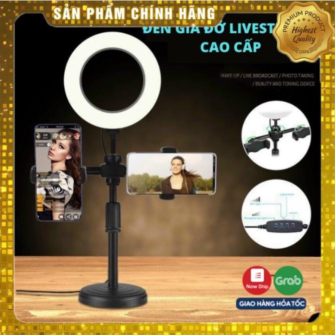 Đèn Livestream 3 in 1 Tích Hợp Giá Đỡ 2 Điện Thoại, Có 3 Chế Độ Sáng, Kẹp Điện Thoại Để Bàn Quay Video