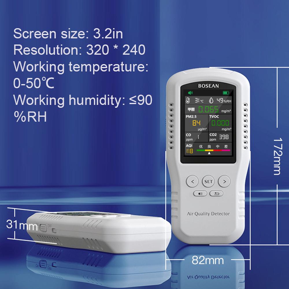 Portable Air Quality Monitor CO2 CO PM2.5 HCHO TVOC Temperature Humidity Monitor Home Digital Air Quality Detector Multifunctional Formaldehyde Tester Air Analyzer