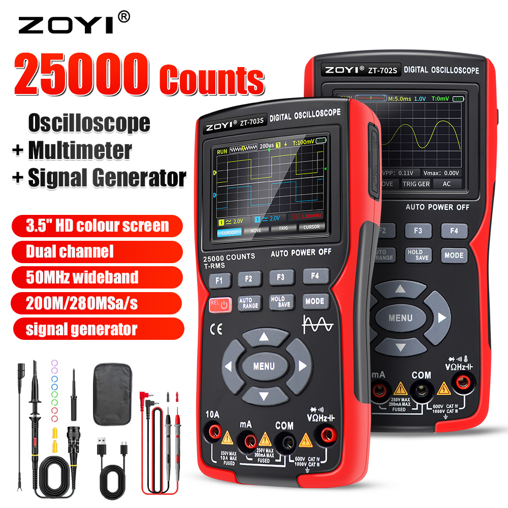 Đồng hồ đo điện vạn năng kỹ thuật số Zoyi ZT-703S 3 trong 1, tích hợp đo sóng hai kênh 50 mhz, lưu trữ dữ liệu dạng sóng, máy phát tín hiệu dao động kép, băng thông 280ms, tốc độ pc - Hàng Chính Hãng