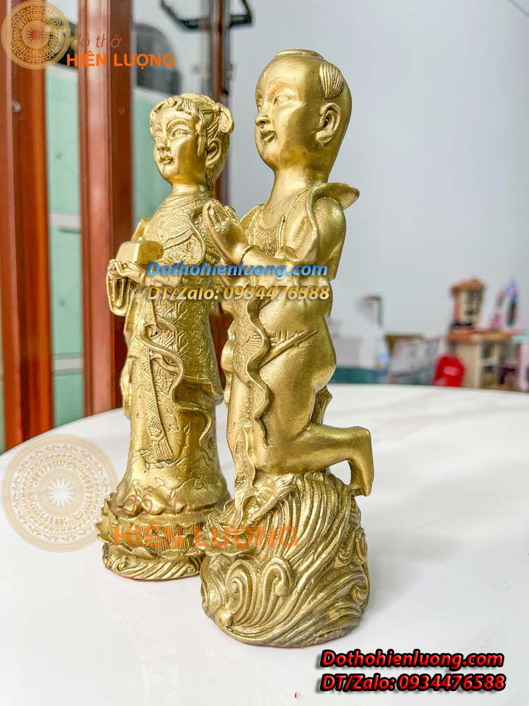 Tượng Tiên Đồng Ngọc Nữ Bằng Đồng Vàng Nguyên Chất Cao 19cm Đẹp Phong Thủy - Đồ Thờ Hiên Lượng