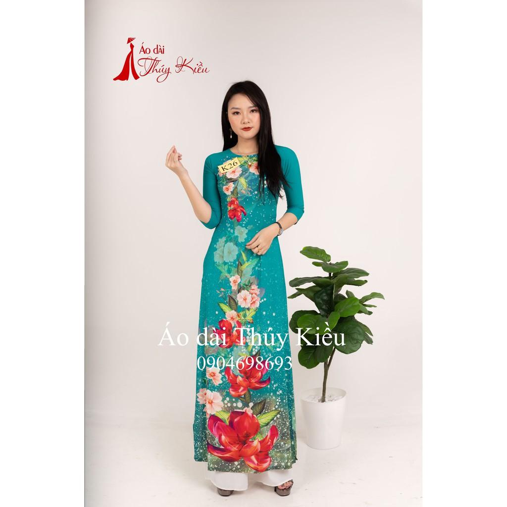 Áo dài in 3D lụa Nhật xanh ngọc hoa đỏ