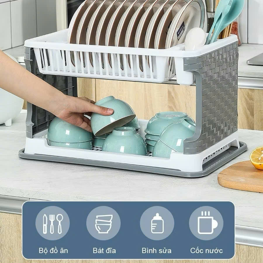 Kệ Úp Bát Đĩa 2 Tầng Kèm Ống Đựng Đũa Thìa Đa Năng Rổ Úp Bát Có Khay Hứng Thoát Nước Tiện Lợi- Hàng Chinh Hãng MINIIN