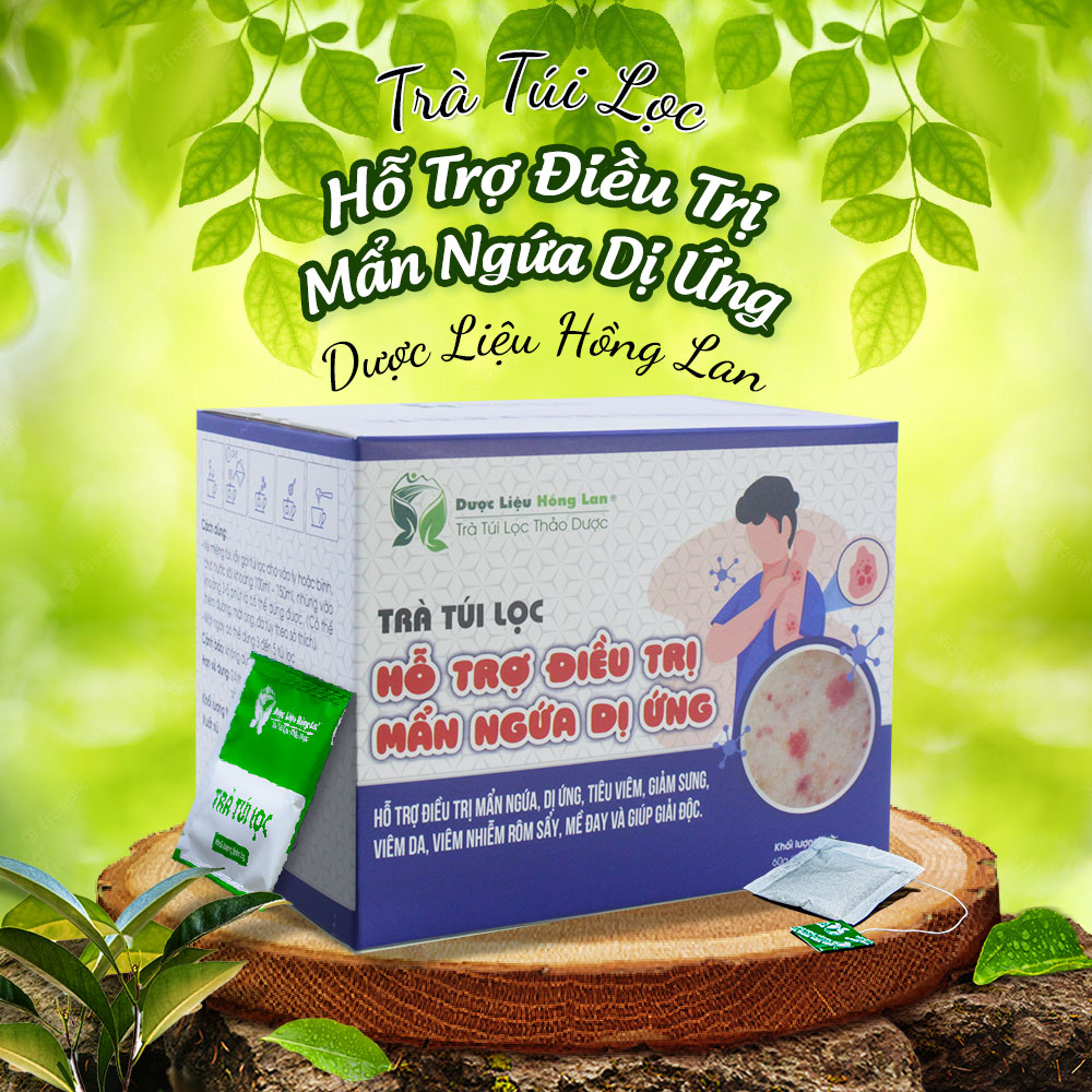 Trà hỗ trợ điều trị mẩn ngứa, dị ứng, viêm da, viêm nhiễm rôm sẩy, mề đay và giúp giải độc túi lọc hộp 60g Dược Liệu Hồng Lan