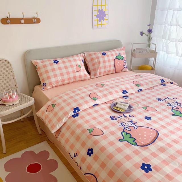 Set Cotton Living Hàng Nhập Khẩu Cao Cấp 4 Món Cô Bé Dâu