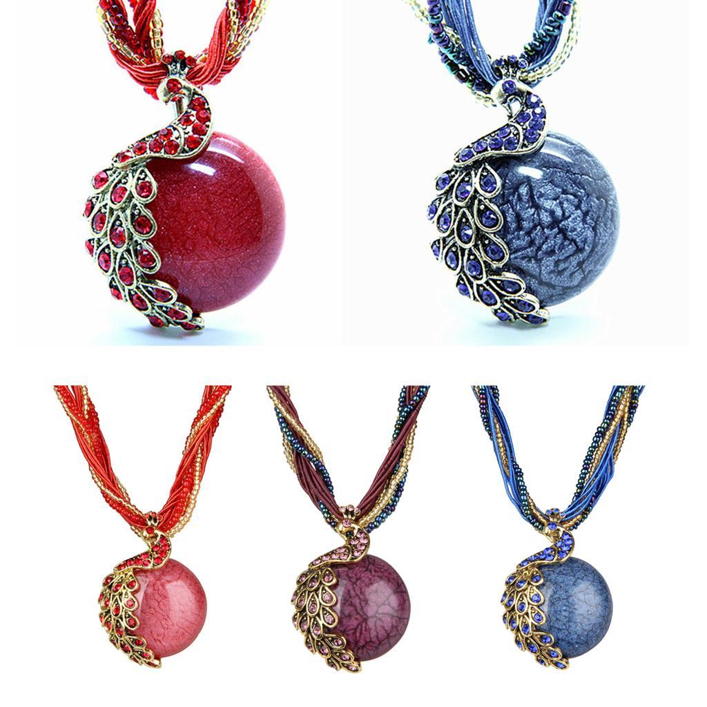 Bohemian Opal Necklace with Phoenix Peacock Pendant Jewel Accessory Red