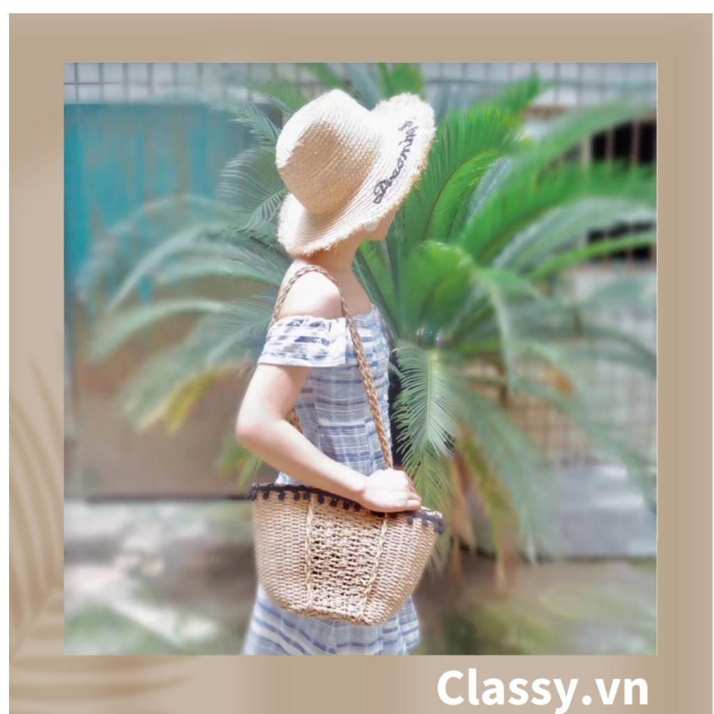 Túi cói Classy đi biển đính hoạ tiết bông gòn đen, kiểu dáng Vintage, có lớp lót trong rộng rãi T331