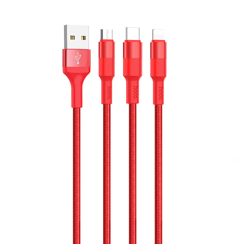 Cáp sạc đa năng 3 cổng sạc (Lightning + Micro USB + Type C) Hoco sạc được cùng lúc nhiều thiết bị, dây cáp bọc dù, chống đứt, chống rối, chống gãy gập dành cho điện IOS và Android dài 100cm, X26 - Hàng chính hãng