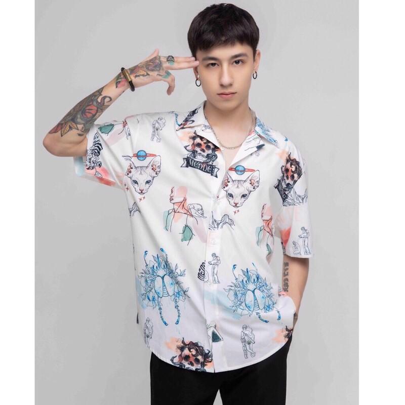 Áo Sơ Mi Họa Tiết CRAYON CAT Tay Ngắn Cổ Vest Nam Nữ Unisex Vải Lụa Chéo