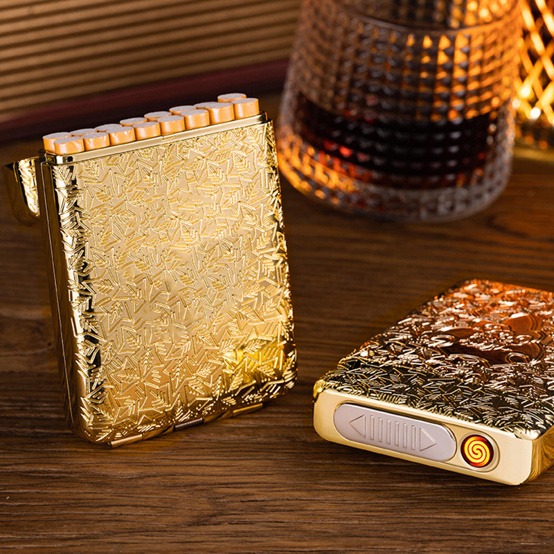 Bật Lửa Điện Kiêm Hộp Đựng Thuốc 16 Điếu Lớn Ngắn Đồng Thau Hoa Văn Cổ