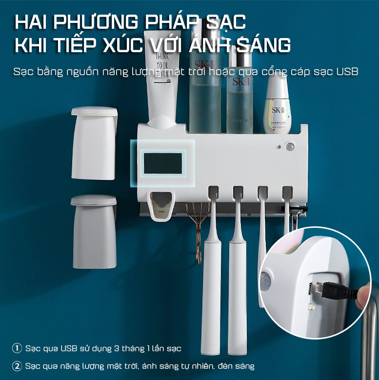 Kệ Đựng Bàn Chải Thông Minh Tự Động Lấy Kem Đánh Răng Kèm 2 Cốc Nam Châm Cao Cấp