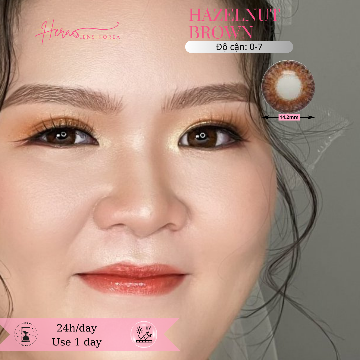 Kính Áp Tròng Hera Nâu Cam Viền Đậm 0 - 7 Độ HAZELNUT BROWN Nhập Khẩu Hàn Quốc Lens Cận 1 Ngày