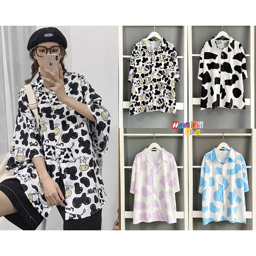 Áo Sơ Mi Hoạ Tiết Tay Lỡ Dáng Rộng,Sơ Mi Con Bò Tay Lửng Unisex - MM