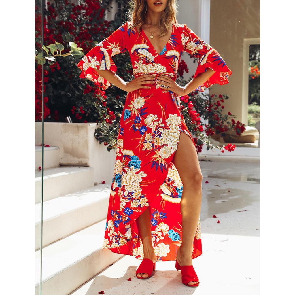 Women's V Neck Floral High Split Loose Dress Stretch Casual Long Maxi Dress