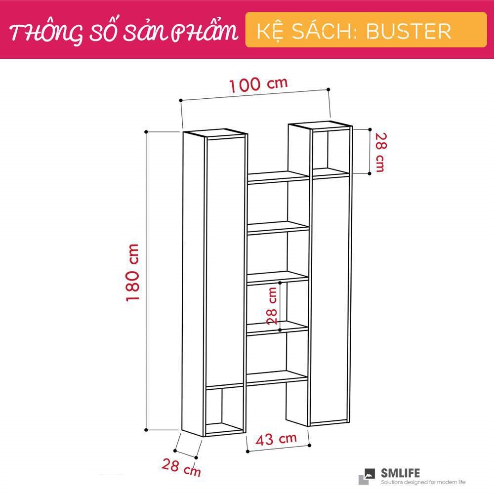 Kệ sách gỗ hiện đại SMLIFE Buster  | Gỗ MDF dày 17mm chống ẩm | D100xR28xC180cm