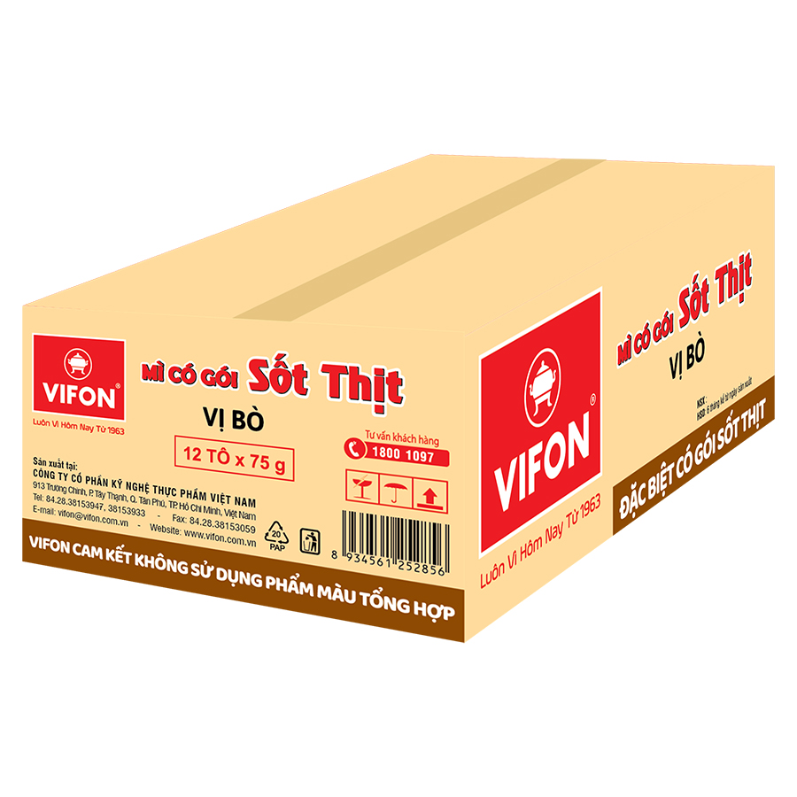 Thùng 12 Mì Sốt Thịt Bò VIFON có Gói Sốt Thịt (75g / Tô)