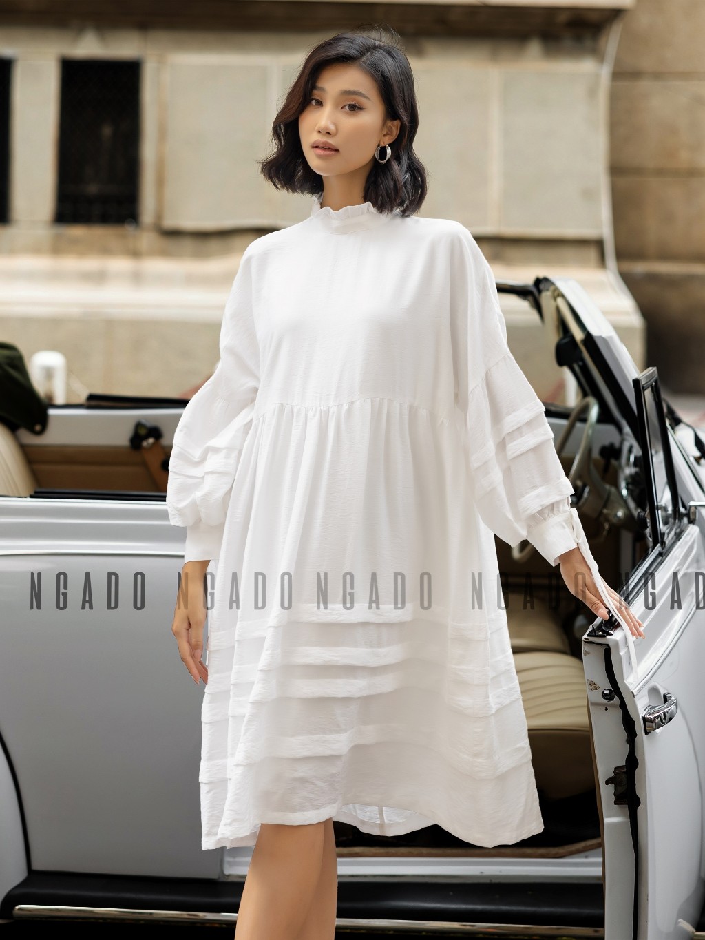 Đầm babydoll trắng dài tay NGADO, Đầm form rộng dáng xòe phối ren dễ thương, Đầm suông, Đầm đũi vintage