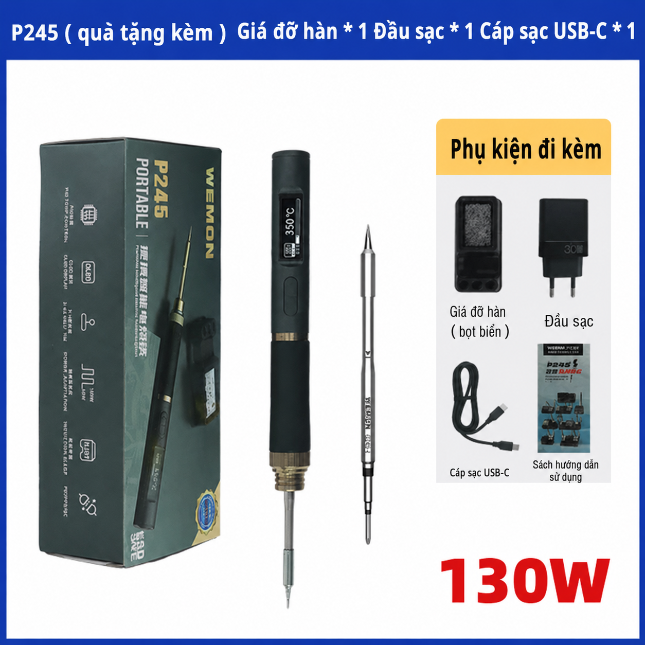 Mỏ Hàn Điện Tử Thông Minh Wemon P210/P245 - Nấu Chảy Thiếc Trong 2s, Cổng Type-C, Kèm Mũi JBC C210 - Hàng Nhập Khẩu