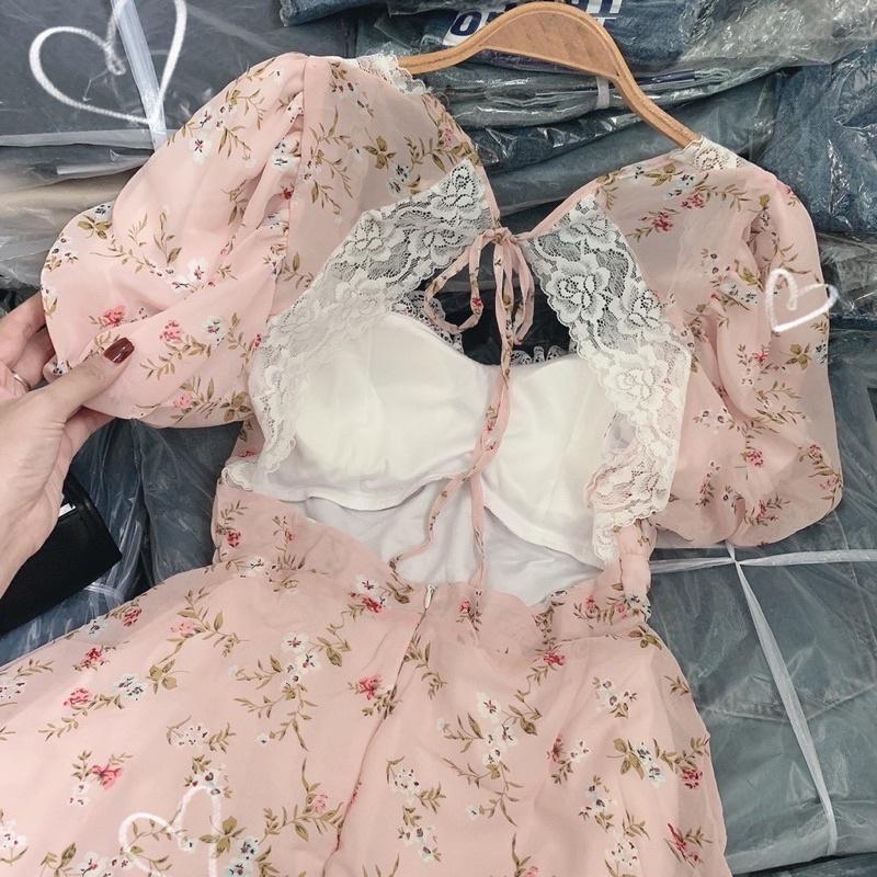 Đầm hoa xoè cut out hở lưng phối ren