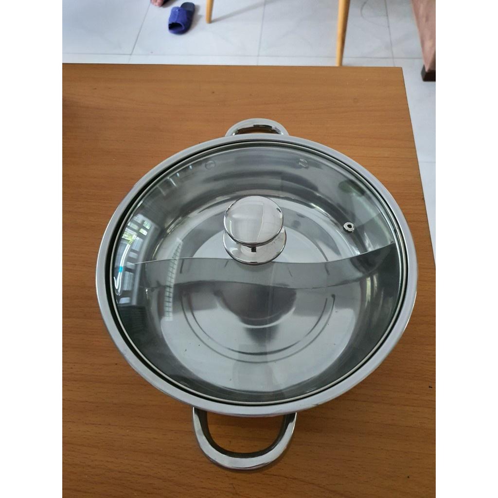 Nồi lẩu 2 ngăn loại 26 cm và 28 cm bằng Inox 430 nắp kính dùng được cả bếp Hồng ngoại và bếp Từ