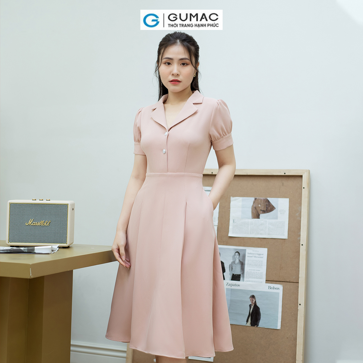 Đầm A xòe tay phồng GUMAC DD08048