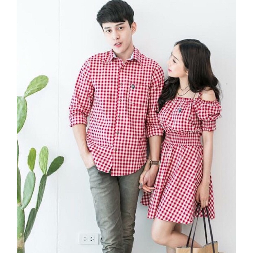 Set Áo váy đôi sơ mi CoupleTina caro đỏ mềm mịn chụp ảnh cưới đẹp