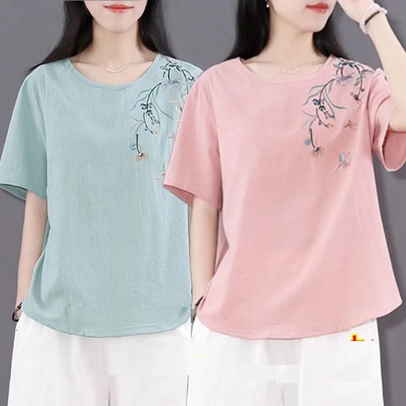 Áo trung niên nữ cộc tay in hoa, Áo đủ size chất vải mát mịn Đũi Việt A18