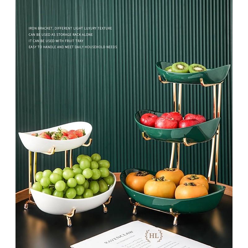 Khay Gốm Đựng Hoa Quả 3 Tầng 2 Màu Xanh, Trắng Phong Cách Bắc Âu - Khung kim loại kèm kệ inox cao cấp