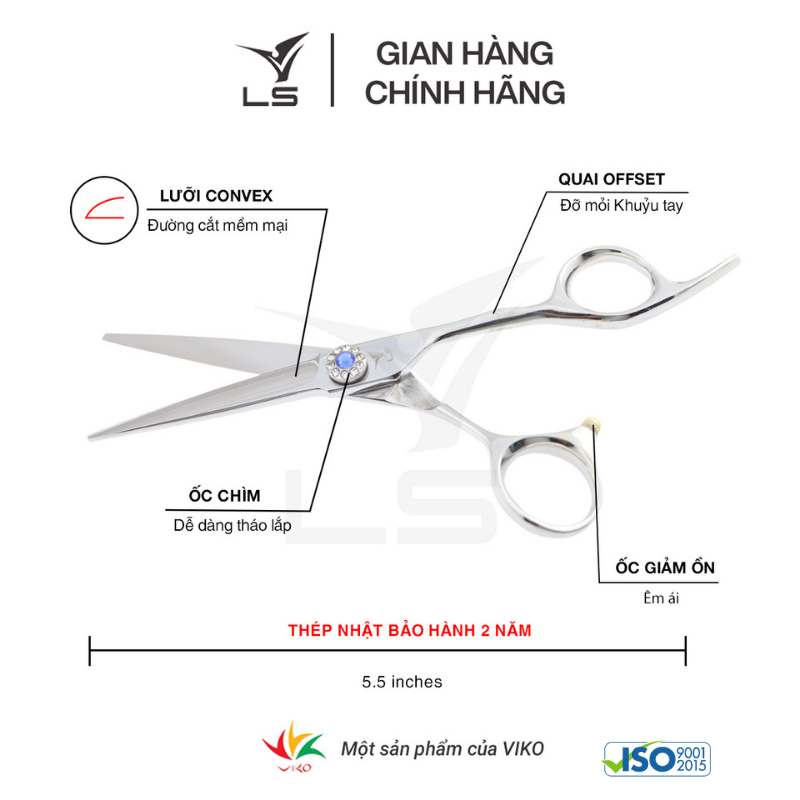 Kéo cắt tóc LS lưỡi thẳng quai offset vênh đỡ ngón cố định FA73/5.5