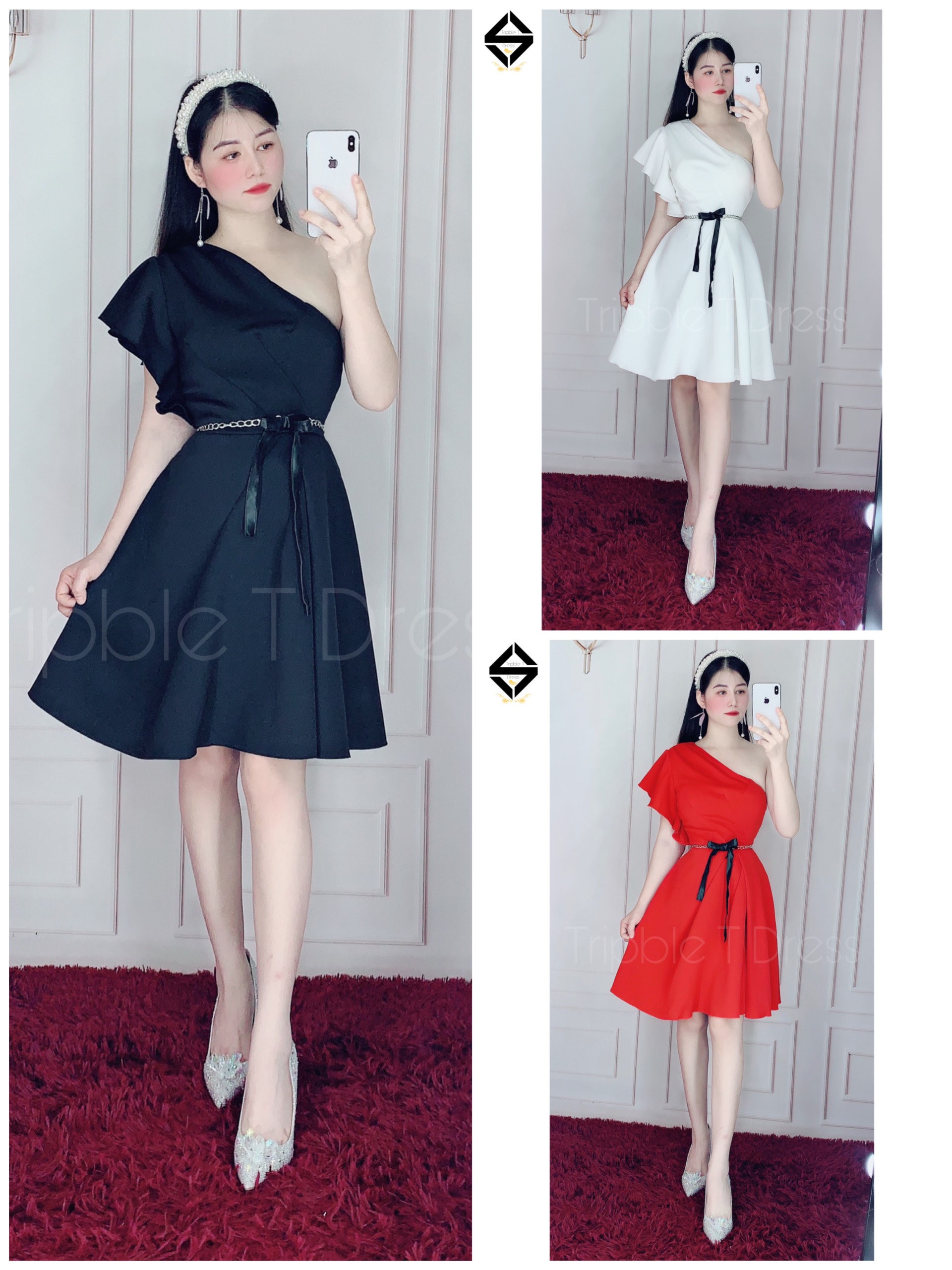 Đầm dự tiệc lệch vai kèm đai eo y hình TRIPBLE T DRESS - size M/L/XL ( ảnh/video thật) MS154V