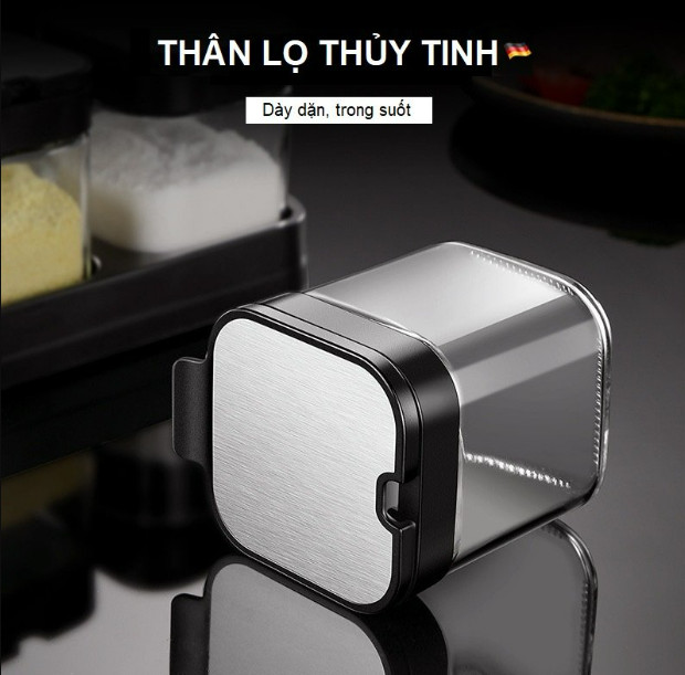 Hũ Gia Vị Thủy Tinh Vuông Dày Dặn Nắp Bật INOX 304, Có Thìa Múc - Phong Cách Nhật Bản Tinh Tế