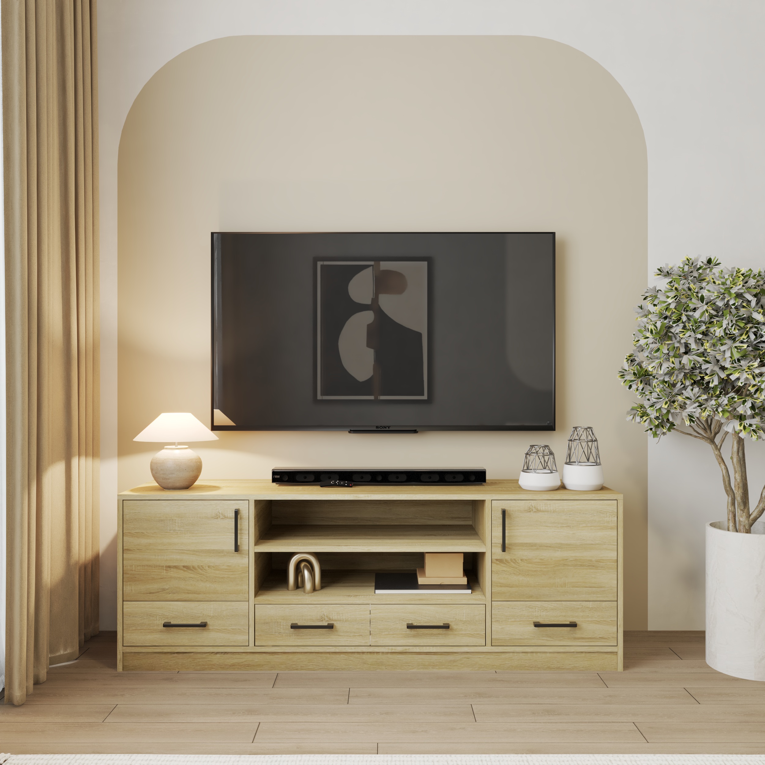 HAPPY FURNITURE , HEINEE - Kệ TV 2 cửa mở 4 ngăn kéo, KTV_070 , 160cm x 40cm x 56cm DxRxC, sản phẩm phổ thông