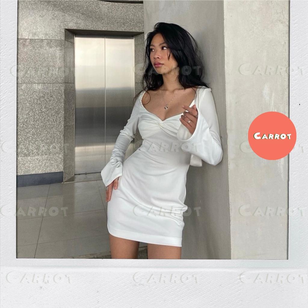 Đầm body trắng sexy tay dài dự tiệc váy dáng ôm khoét ngực soắn ngực chất thun co giãn tốt freesize carrotxinhdep
