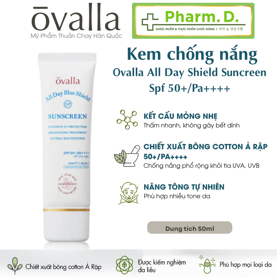 Kem Chống Nắng Thuần Chay OVALLA Bảo Vệ Toàn Diện Giúp Nâng Tông Da SPF50+/PA++++ (50ml)