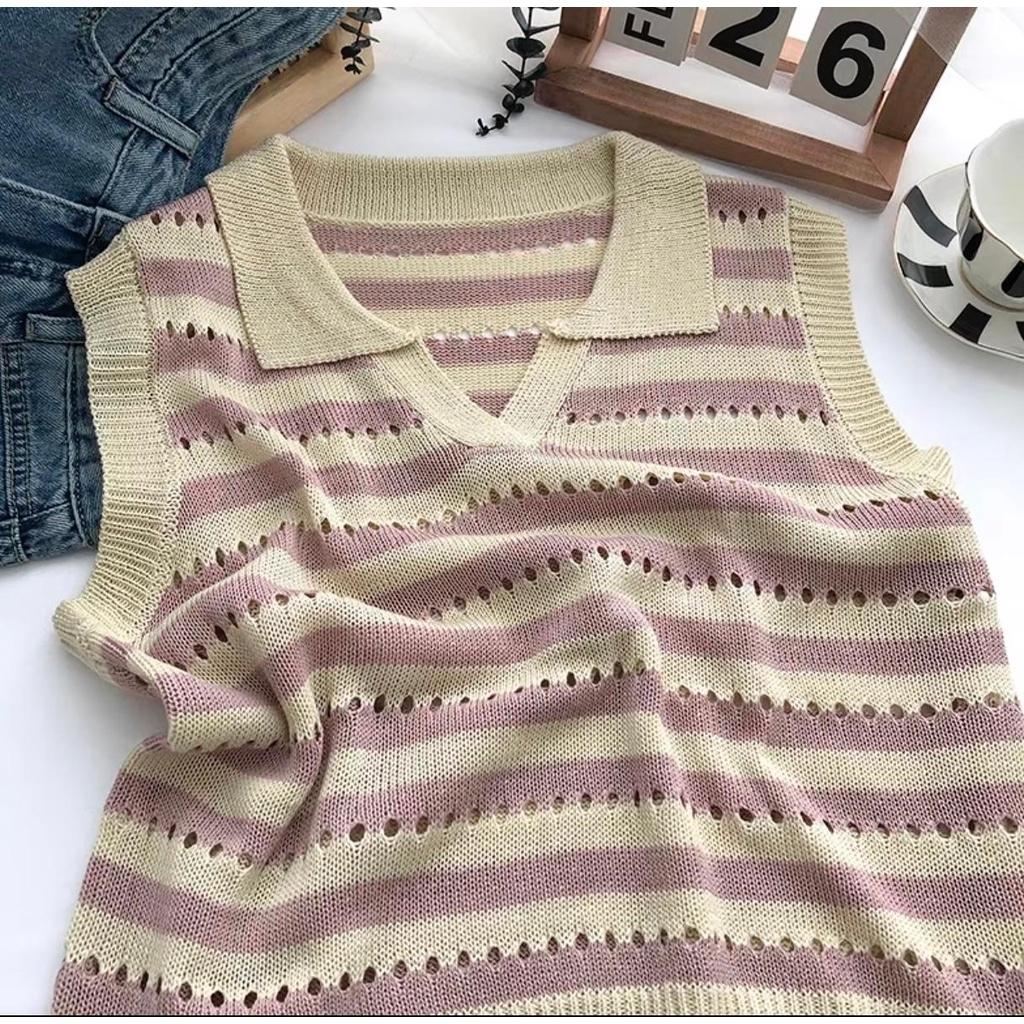 MS788 Áo sát nách nữ cổ bẻ kẻ ngang mongtoghi Quảng Châu