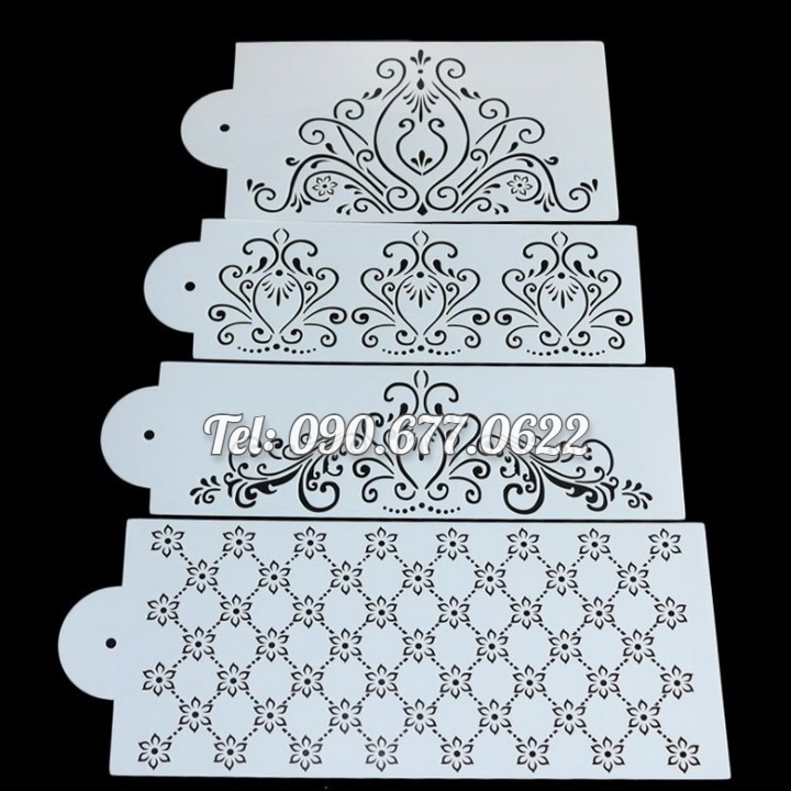 Bộ 4 khuôn rắc bột Stencil trang trí bánh, làm viền rau câu, fondant hoa văn kiểu Hàn Quốc - Mã số 1086