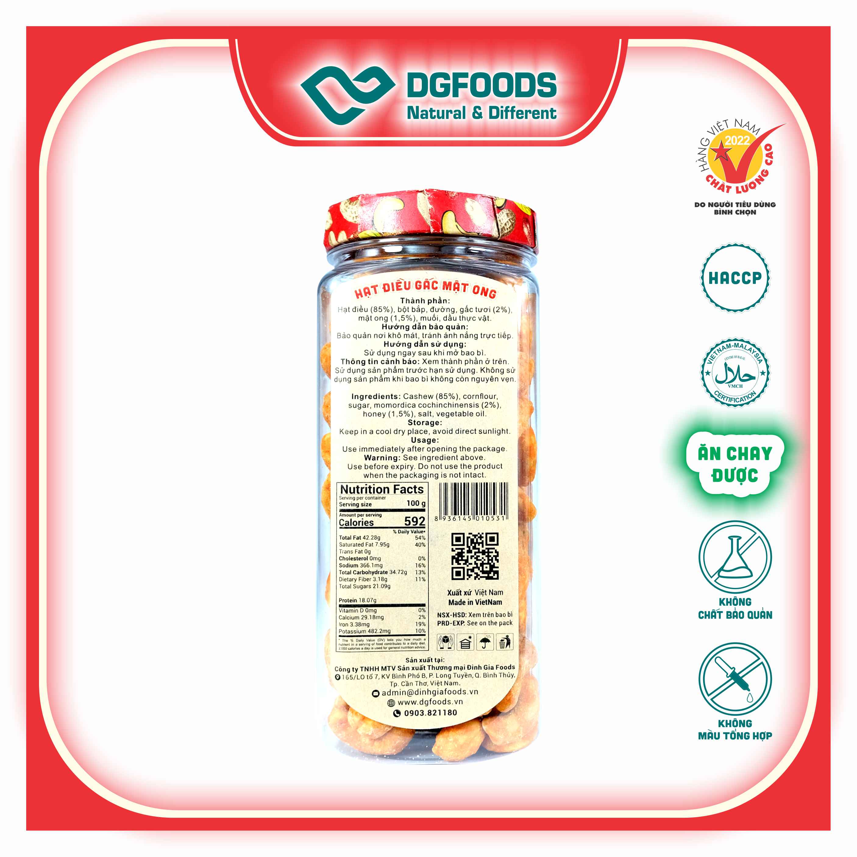 Hạt điều gấc mật ong 250g DGfoods/Honey & gac-fruit coated cashew/Ăn chay được/HVNCLC/HACCP/HALAL/hạt điều bình phước/