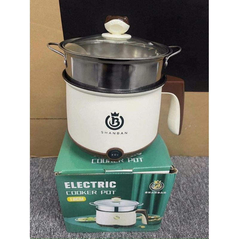 Nồi lẩu điện, cơm điện mini đa năng 2 tầng chống dính kèm giá hấp Inox 18cm phù hợp Chiên, Xào, Hấp, Nướng hàng chính hãng OnionDecor