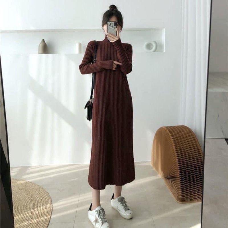 Váy len gân dáng dài quốc dân đen be nâu ko xẻ tà