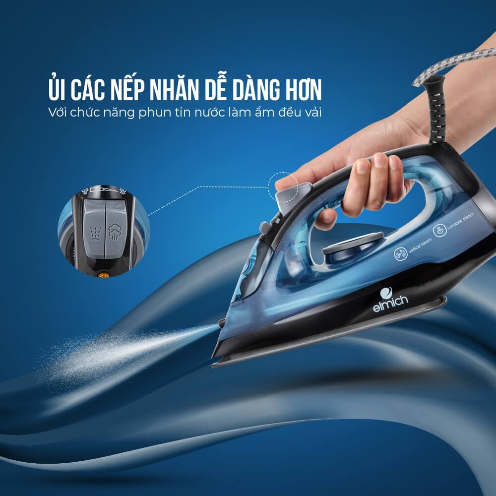 Bàn là ủi hơi nước Elmich SIE-3437OL, Hàng chính hãng, công suất 1300W, mặt đế phủ Ceramic - JoyMall