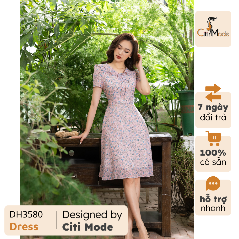 Đầm xòe công sở hoa hồng CITI MODE bèo cổ đính hoa chất Voan cao cấp 2 lớp DH3580