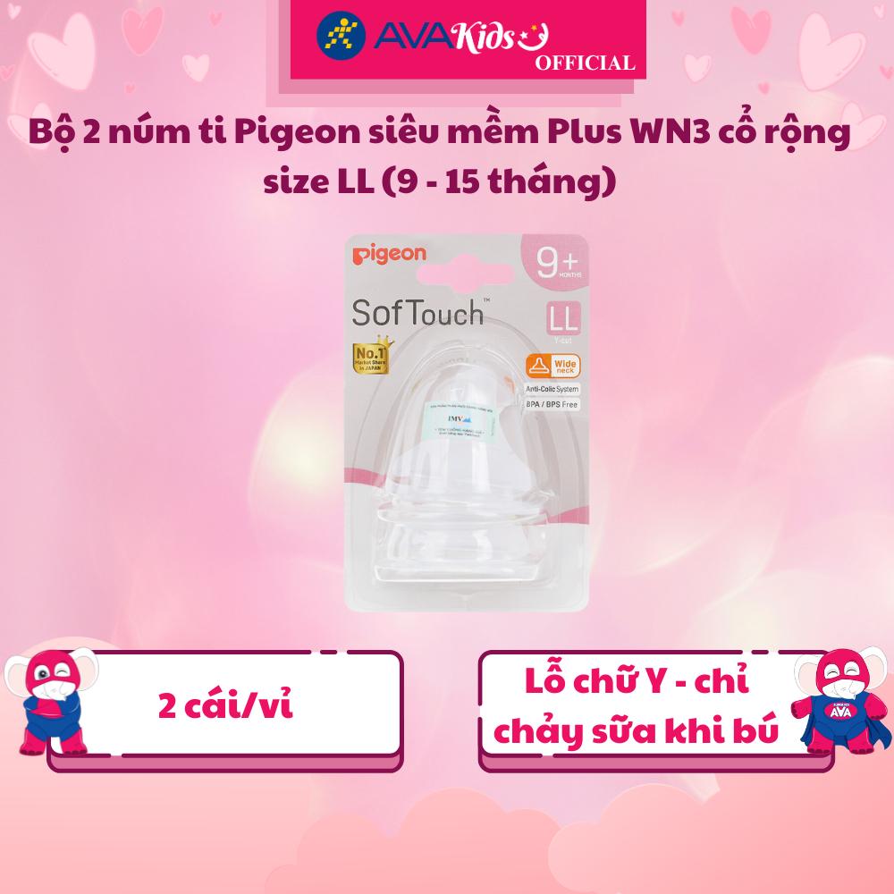 Bộ 2 núm ti Pigeon siêu mềm Plus WN3 cổ rộng size LL (9 - 15 tháng) - Hàng Chính Hãng