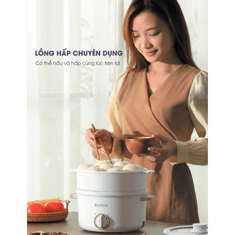 Nồi Điện Đa Năng BUMAS K02 Chống Dính Men Gốm, Dung Tích 2.5L, Công Suất 700W - Hấp, hầm, chiên, xào, nấu lẩu, nấu cơm - Hàng chính hãng